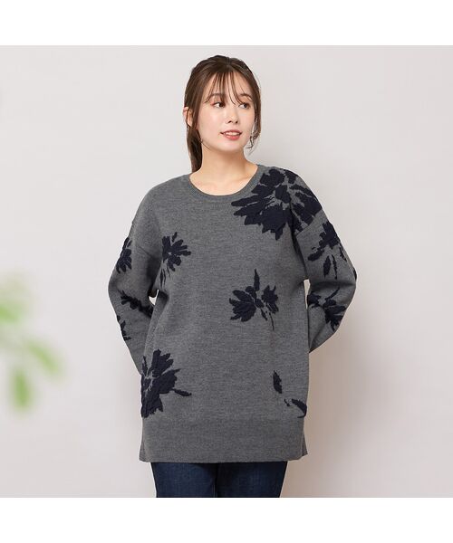 PISANO/ピサーノ 【手洗いOK】フラワーモチーフジャカードニット グレー LL