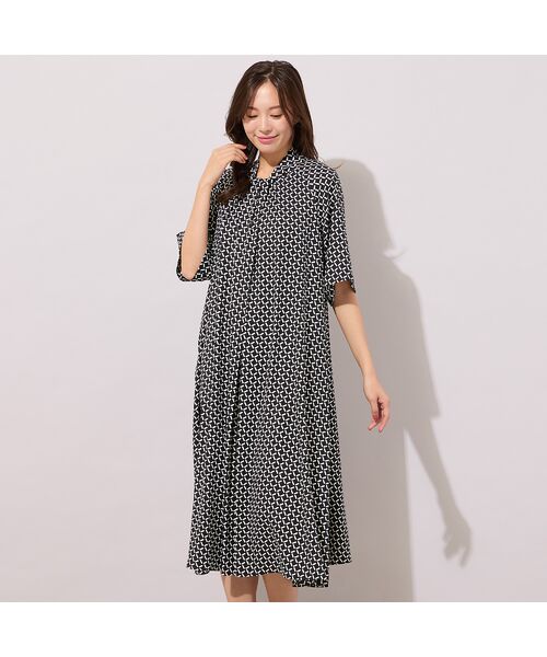 PISANO / ピサーノ ミニ丈・ひざ丈ワンピース | 【手洗いOK】幾何柄フロントタックドレス（ブラック）