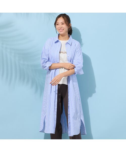 PISANO / ピサーノ ミニ丈・ひざ丈ワンピース | 【手洗いOK】ストライプ・フロントタックシャツワンピース（ブルー）