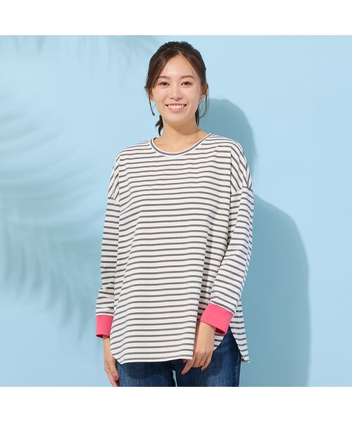 PISANO / ピサーノ カットソー | 【手洗いOK・綿100％・接触冷感・紫外線防止】ラウンドヘムボーダートップ（グレー）