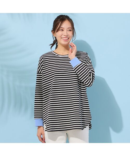 PISANO / ピサーノ カットソー | 【手洗いOK・綿100％・接触冷感・紫外線防止】ラウンドヘムボーダートップ（ブラック）