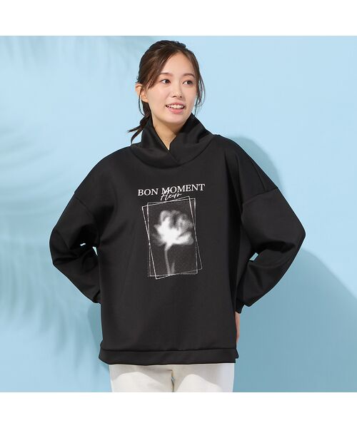 PISANO / ピサーノ カットソー | 【手洗いOK】フラワープリントハイネックトップ（ブラック）