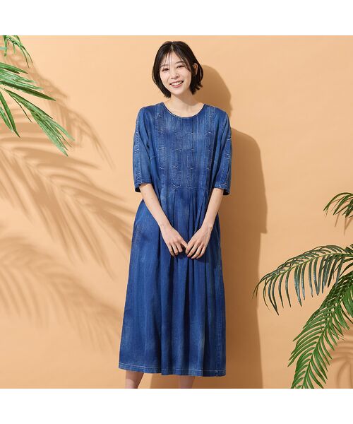 PISANO / ピサーノ ミニ丈・ひざ丈ワンピース | 【綿100％・手洗いOK】ブラスト加工デニムワンピース（ダークブルー）
