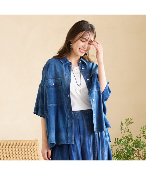 PISANO / ピサーノ シャツ・ブラウス | 【綿100％・手洗いOK・セットアップ対応】ブラスト加工クロップトデニムシャツ（ダークブルー）