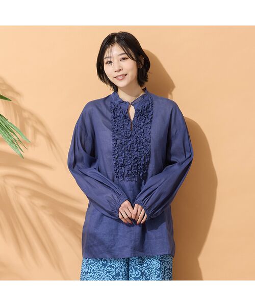 PISANO / ピサーノ シャツ・ブラウス | 【手洗いOK】コットンリネン・フロントフリルブラウス（ダークブルー）