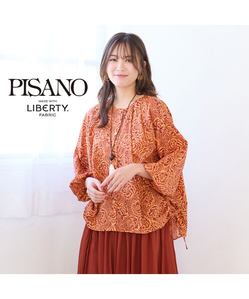 PISANO / ピサーノ シャツ・ブラウス | 【手洗いOK・綿100％・リバティコラボ】サイドドロスト・ラウンドネックブラウス（オレンジ）