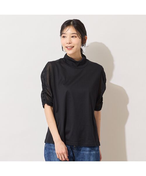 PISANO / ピサーノ カットソー | 【手洗いOK】チュール配色ギャザースリーブカットソー（ブラック）