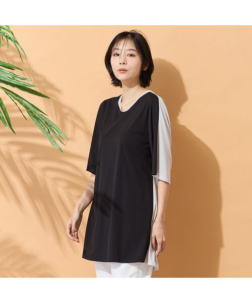 PISANO / ピサーノ カットソー | 【手洗いOK・接触冷感】バイカラー切り替えVネックチュニック（ブラック）