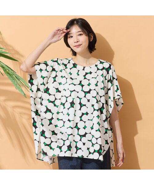 PISANO / ピサーノ カットソー | 【手洗いOK・綿100％】マルチドットプリントパワーショルダートップ（グリーン）