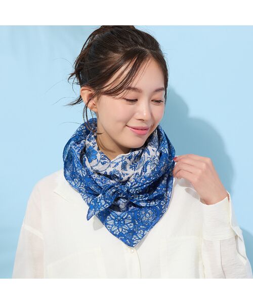PISANO / ピサーノ マフラー・ショール・スヌード・ストール | 【綿100％】ビッグスクエア・フラワープリントストール（ブルー）
