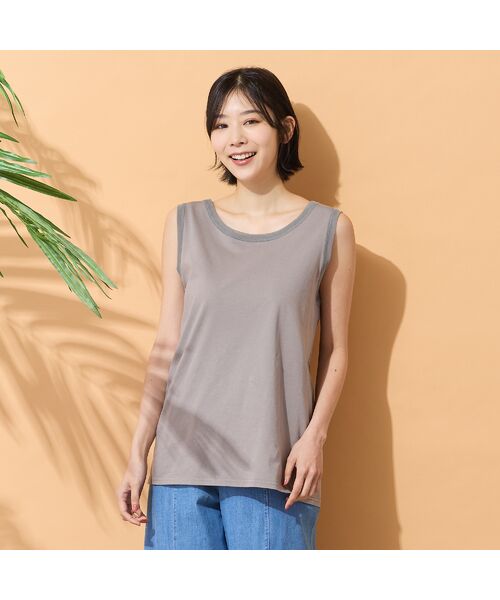 PISANO / ピサーノ タンクトップ | 【手洗いOK・身頃綿100％】2Wayチュール配色タンクトップ（ライトブラウン）