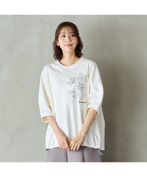 PISANO / ピサーノ カットソー | 【手洗いOK・綿100％】キキョウモチーフ刺繍ワイドシルエットカットソー（オフ）