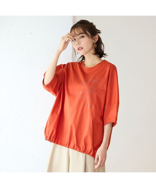 PISANO / ピサーノ カットソー | 【手洗いOK・綿100％】キキョウモチーフ刺繍ワイドシルエットカットソー（オレンジ）