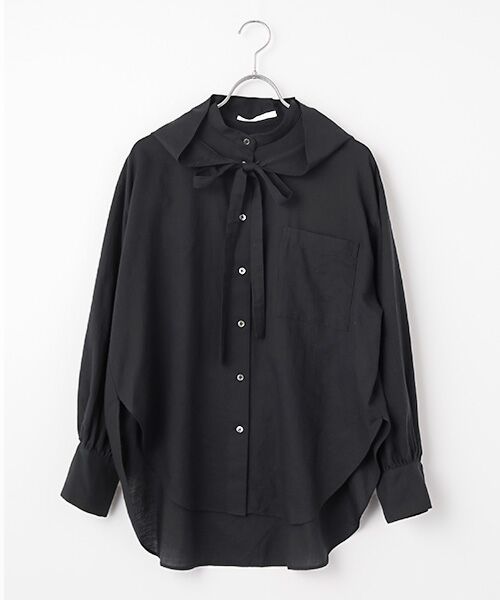 PLAIN PEOPLE / プレインピープル シャツ・ブラウス | 綿シルクビエラ/タイプライターチェックスカーフ付きノーカラーシャツ（ブラック）