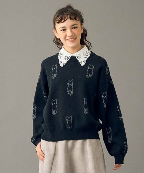 POM PONETTE AMI / ポンポネット アミ ニット・セーター | 【AMI】猫総柄ジャカード衿付きニット（黒）