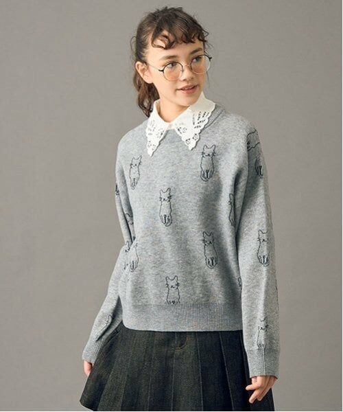 POM PONETTE AMI / ポンポネット アミ ニット・セーター | 【AMI】猫総柄ジャカード衿付きニット | 詳細2