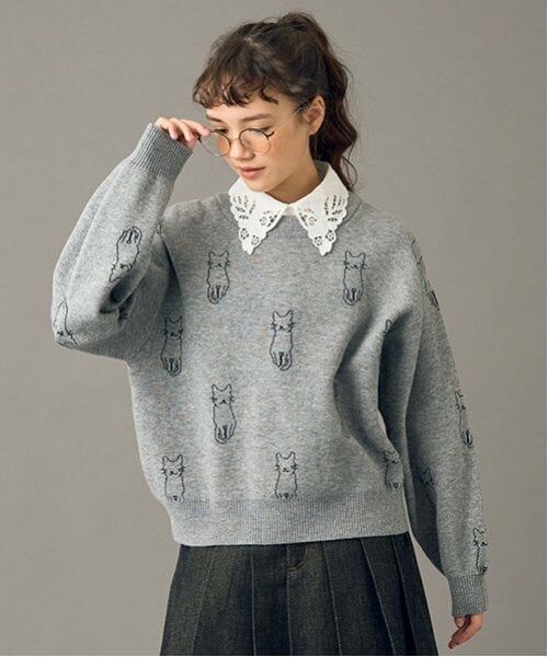 POM PONETTE AMI / ポンポネット アミ ニット・セーター | 【AMI】猫総柄ジャカード衿付きニット（グレー）