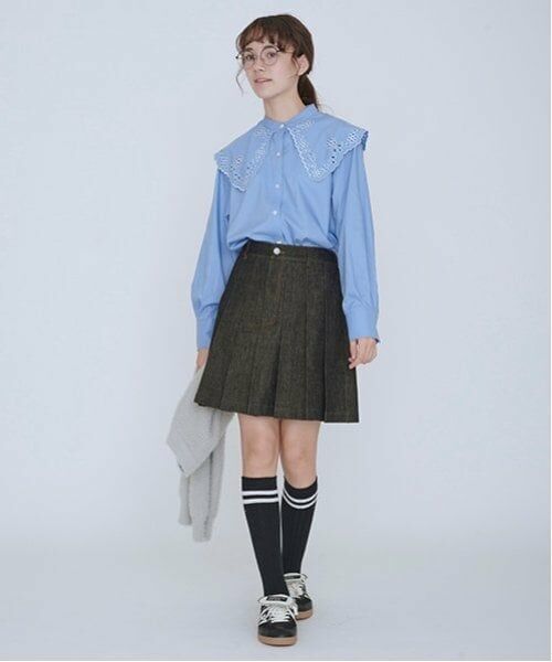 POM PONETTE AMI / ポンポネット アミ ショート・ハーフ・半端丈パンツ | 【AMI】刺しゅう入りラメデニムスカパン（紺）