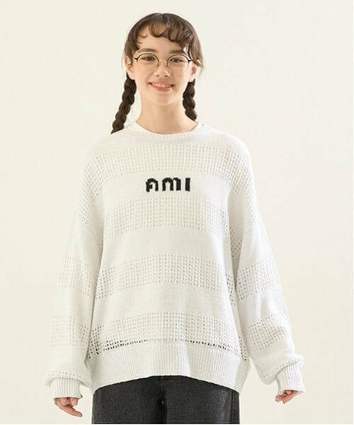 POM PONETTE AMI / ポンポネット アミ ニット・セーター | 【AMI】メッシュシャドウボーダーニットプルオーバー（オフ ホワイト）