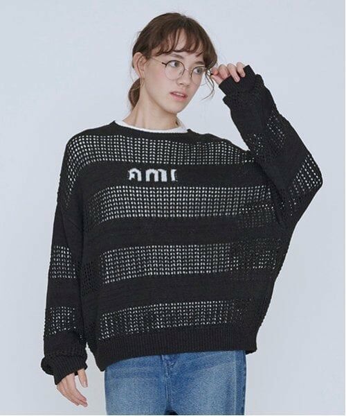 POM PONETTE AMI / ポンポネット アミ ニット・セーター | 【AMI】メッシュシャドウボーダーニットプルオーバー（黒）