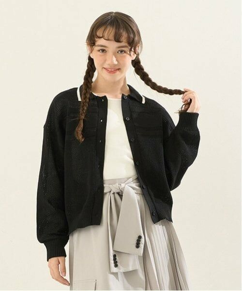 POM PONETTE AMI / ポンポネット アミ カーディガン・ボレロ | 【AMI】ライン衿メッシュカーデ×ロンTセット（黒）