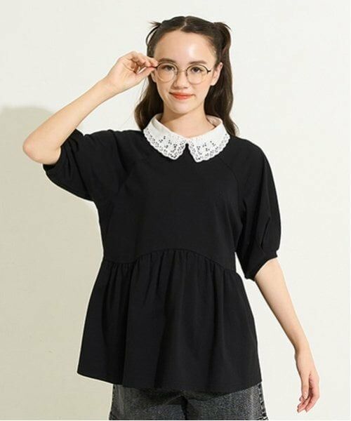 POM PONETTE AMI / ポンポネット アミ シャツ・ブラウス | 【AMI】【接触冷感】刺しゅう衿ペプラムカットプルオーバー（黒）