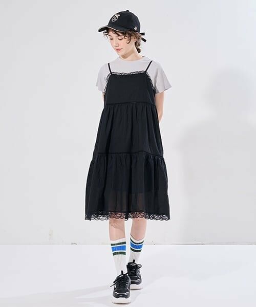 POM PONETTE AMI / ポンポネット アミ ミニ丈・ひざ丈ワンピース | 【AMI】コットンレースキャミワンピース×Tシャツセット（黒）