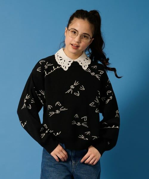 POM PONETTE AMI / ポンポネット アミ ニット・セーター | 【AMI】猫総柄ジャカード衿つきニット（黒）