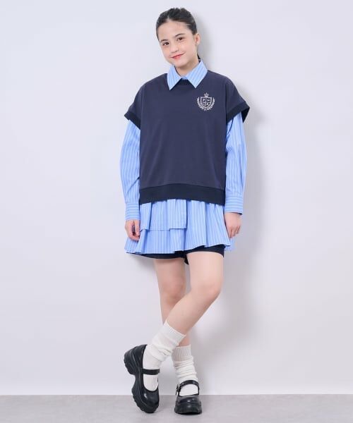 POM PONETTE AMI / ポンポネット アミ ミニ丈・ひざ丈ワンピース | 【AMI】ミニ裏毛ベスト×ペプラムシャツワンピースセット（紺）