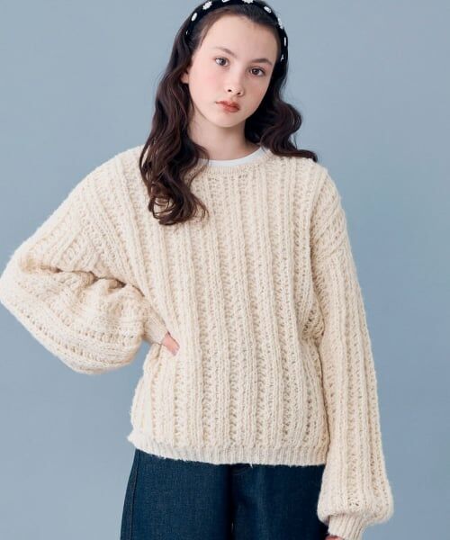 POM PONETTE AMI / ポンポネット アミ ニット・セーター | 【AMI】透かし編みニットプルオーバー×Tシャツセット（生成）