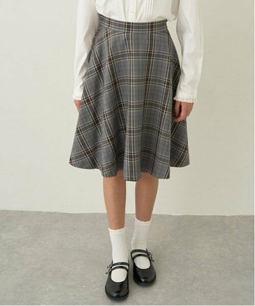 pom ponette junior / ポンポネット ジュニア ミニ・ひざ丈スカート | *チェックフレアスカート(グレー)