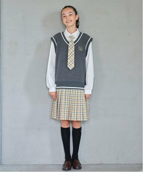 pom ponette junior / ポンポネット ジュニア ドレス | ネクタイつきドッキングワンピース（ベージュ）