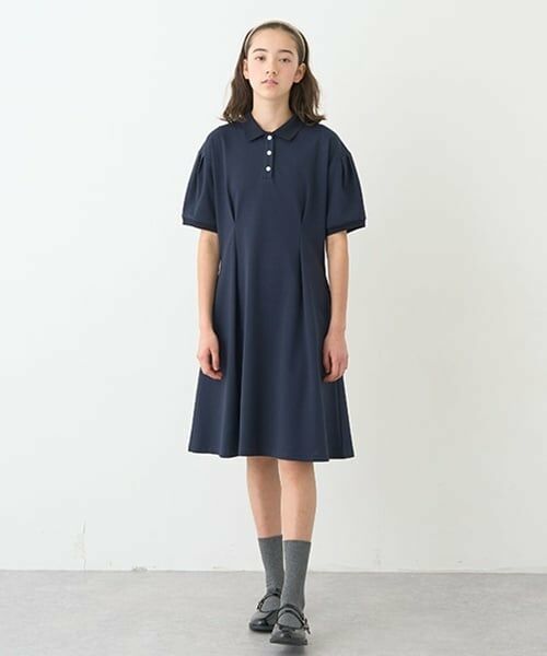 pom ponette junior / ポンポネット ジュニア ミニ丈・ひざ丈ワンピース | *【接触冷感】ポロ衿カットワンピース（紺）