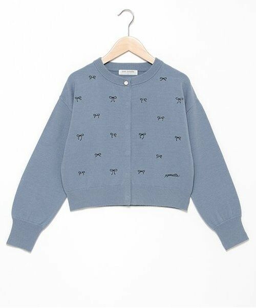 pom ponette junior / ポンポネット ジュニア カーディガン・ボレロ | 総柄リボン刺しゅうニットカーディガン（ブルー）