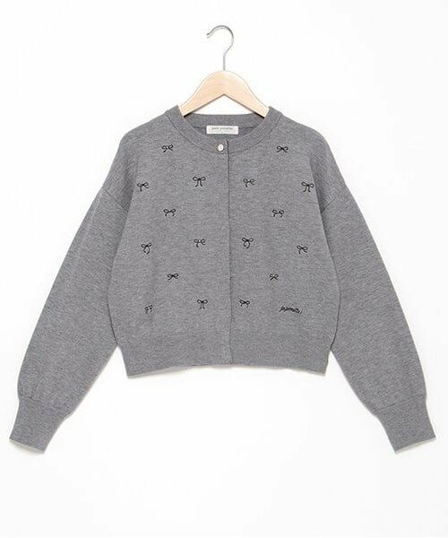 pom ponette junior / ポンポネット ジュニア カーディガン・ボレロ | 総柄リボン刺しゅうニットカーディガン（チャコール）