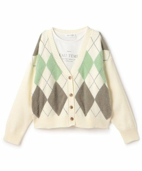 pom ponette junior / ポンポネット ジュニア カーディガン・ボレロ | アーガイルシャギーカーディガンTシャツセット（オフ ホワイト）
