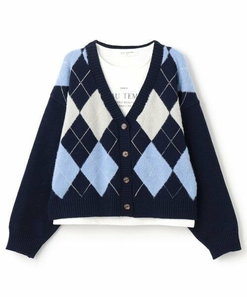 pom ponette junior / ポンポネット ジュニア カーディガン・ボレロ | アーガイルシャギーカーディガンTシャツセット（紺）