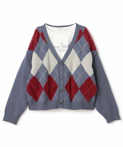 pom ponette junior / ポンポネット ジュニア カーディガン・ボレロ | アーガイルシャギーカーディガンTシャツセット（ブルー）