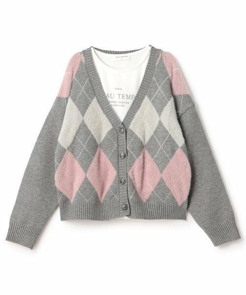 pom ponette junior / ポンポネット ジュニア カーディガン・ボレロ | アーガイルシャギーカーディガンTシャツセット（グレー）