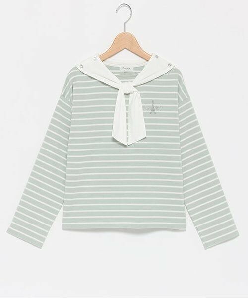 pom ponette junior / ポンポネット ジュニア Tシャツ | セーラー衿ボーダーロンT（エメラルド グリーン）