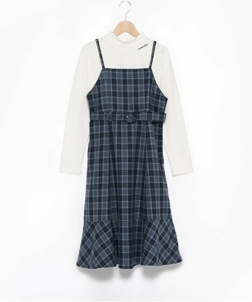 pom ponette junior / ポンポネット ジュニア ミニ丈・ひざ丈ワンピース | キャミワンピ＋パフスリーブトップス（紺）