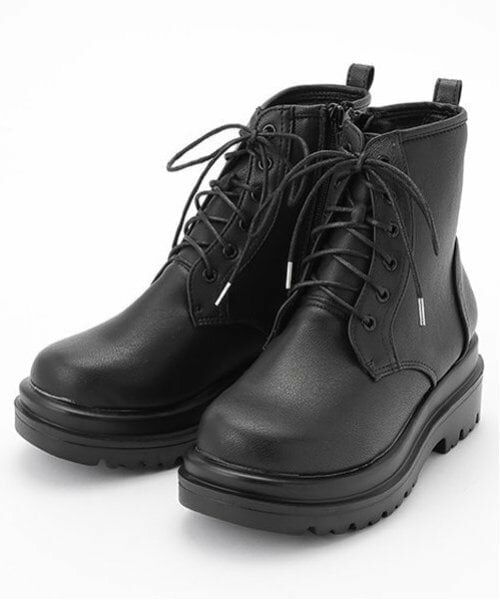pom ponette junior / ポンポネット ジュニア ブーツ（ショート丈） | 厚底レースアップブーツ（黒）
