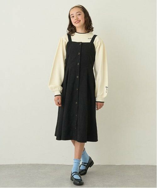 pom ponette junior / ポンポネット ジュニア ミニ丈・ひざ丈ワンピース | ニットプルオーバー×キャミワンピセット（黒）