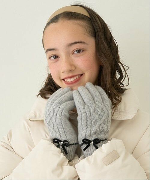 pom ponette junior / ポンポネット ジュニア 手袋 | ケーブル裏シャギー手袋（ライト グレー）