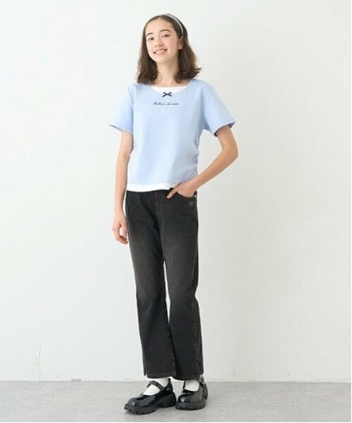 pom ponette junior / ポンポネット ジュニア その他パンツ | 【のびのび】カットデニムフレアパンツ（黒）