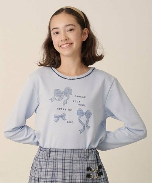 pom ponette junior / ポンポネット ジュニア Tシャツ | リボンアップリケTシャツ（ブルー グレー）