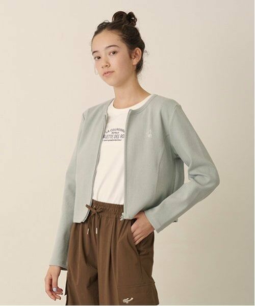 pom ponette junior / ポンポネット ジュニア カーディガン・ボレロ | ノーカラーZIPカーデTシャツセット（ブルー グリーン）