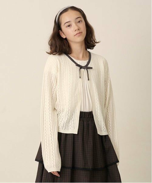 pom ponette junior / ポンポネット ジュニア カーディガン・ボレロ | 透かし編みカーデ＋Tブラウスセット（アイボリー）