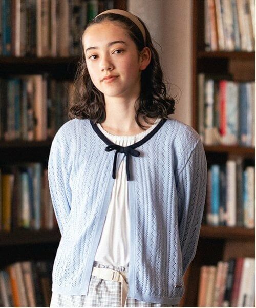 pom ponette junior / ポンポネット ジュニア カーディガン・ボレロ | 透かし編みカーデ＋Tブラウスセット（サックス）