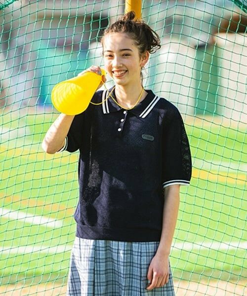 pom ponette junior / ポンポネット ジュニア ニット・セーター | メッシュ半袖ポロニット（紺）